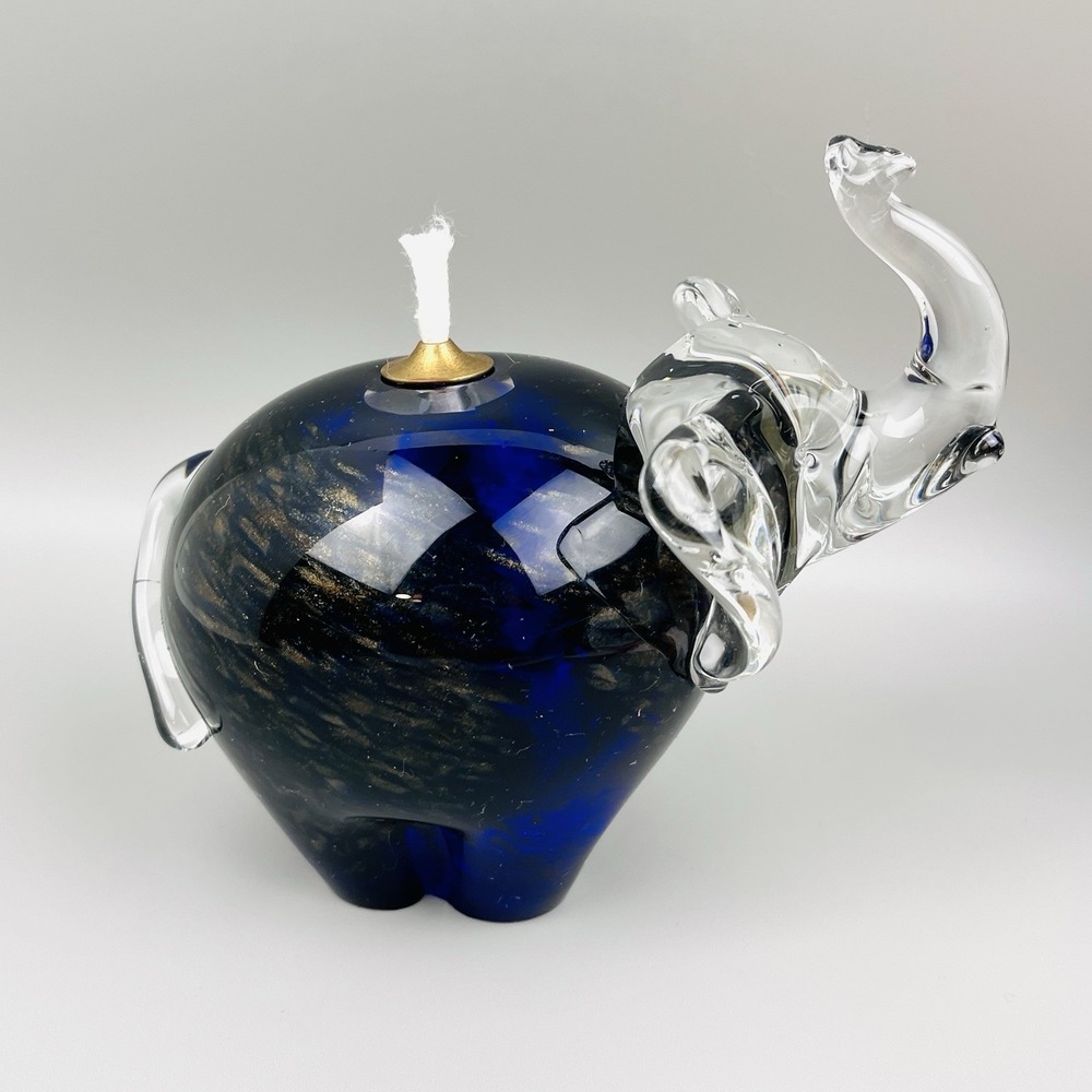Vintage Sabina Rymanow Glass Elephant Oil Lamp Diffuser Paperweight Blue‎ Gold